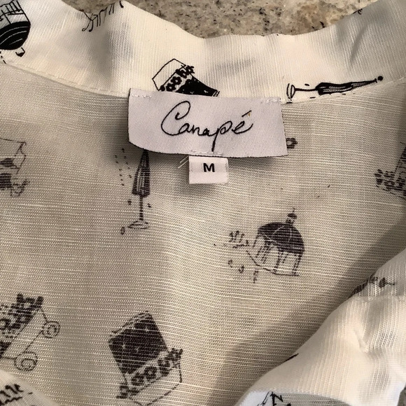 Canapé White & Black Linen Bow Blouse Novelty Print Flowers Size Medium - Picture 5 of 10